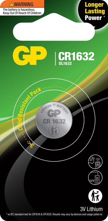 GP 3V CR1632 LITHIUM COIN CELL Card of 1